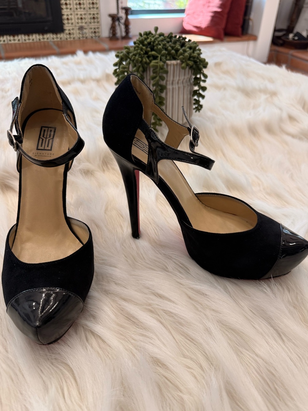 Shoe Dazzle Black Suede and Patent Mary Jane Stiletto Heels